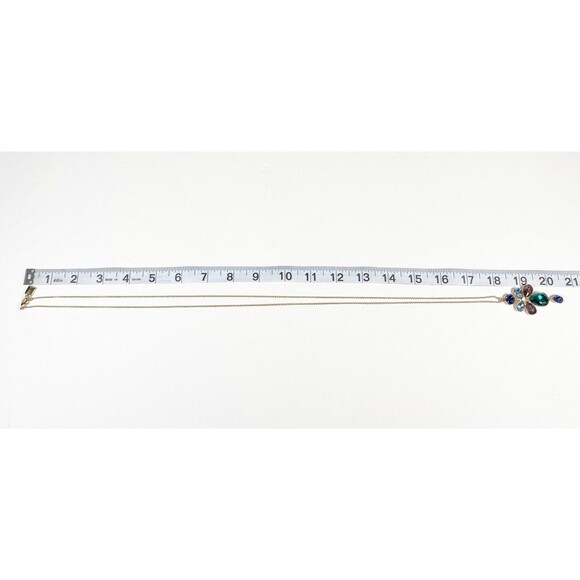 Colorful Rhinestone Statement Necklace Gold Tone Pendant Long Art Nouveau Style - Picture 7 of 8